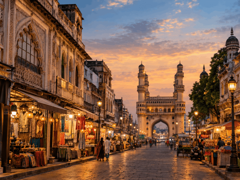 Charminar and historic Old Hyderabad streets at dusk.