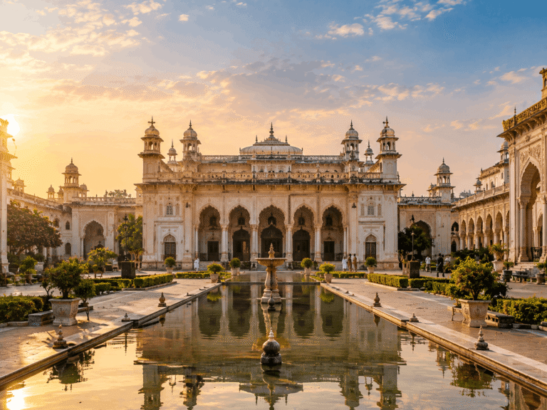 Chowmahalla Palace courtyard with a reflecting pool at sunrise.