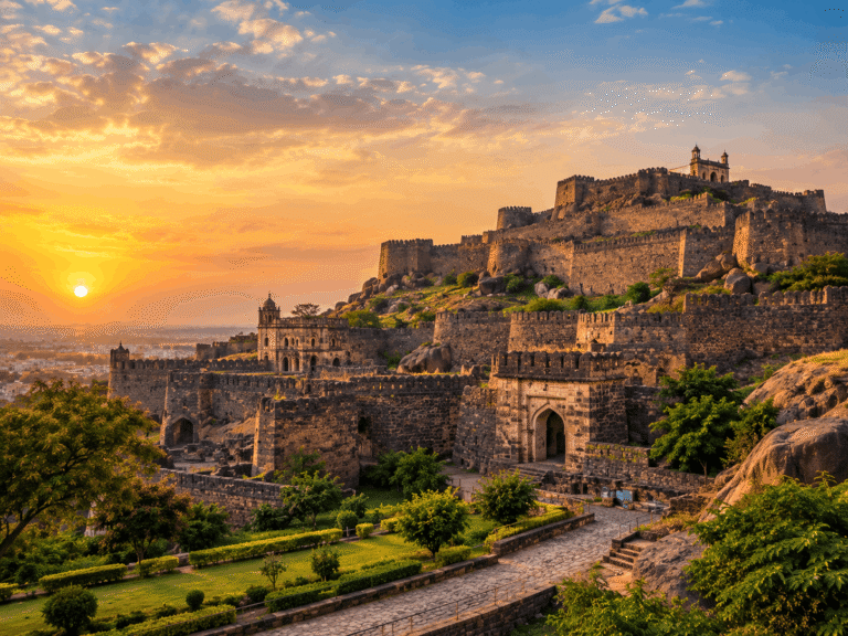 Golconda Fort glowing at sunset over Hyderabad.