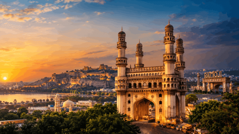 Charminar at sunset with Golconda Fort and Ramoji Film City in Hyderabad
