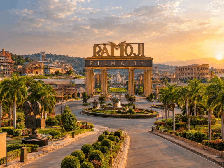 Ramoji Film City entrance surrounded by lush gardens at sunset.